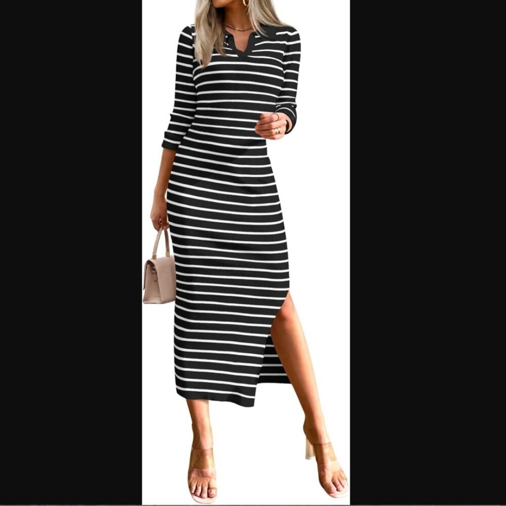MIROL Striped Bodycon Maxi Dress Long Sleeve V Neck Side Slit Sweater Dress